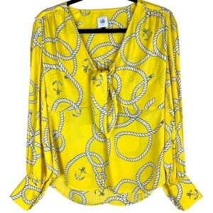 CAbi Reef Knot Blouse Nautical Anchor Yellow Tie Front Style 5707